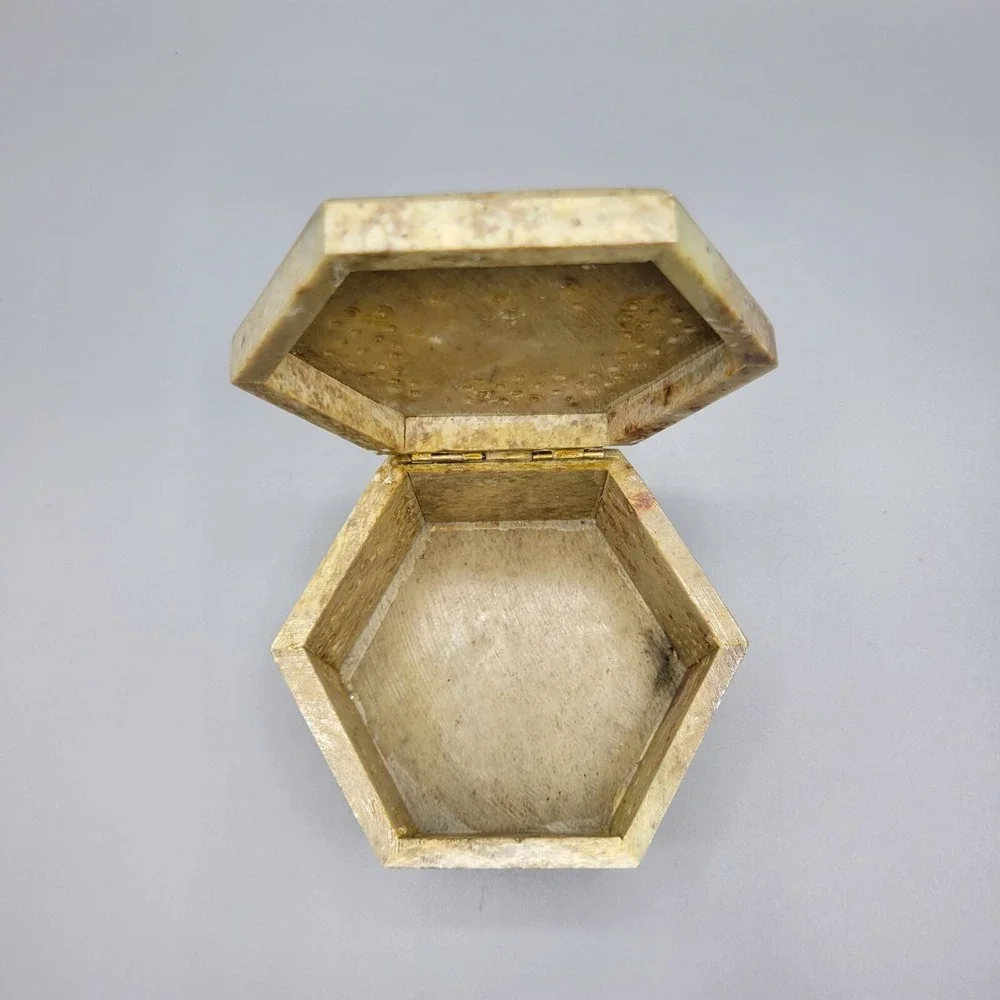Vintage Carved Soapstone Hinged Trinket Box Trunk Up Elephant Hexagon Box